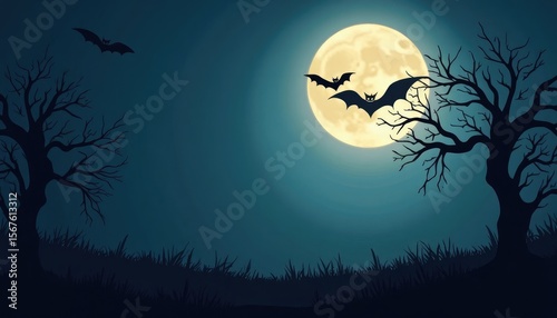 Halloween night landscape with full moon and bats.