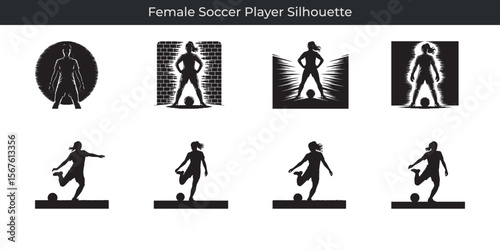 Various silhouettes of female soccer player demonstrating different kicking and posing actions