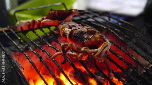 4K Grilled Squid on Open Flame Street Food