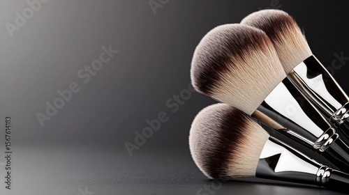 five makeup brushes on a black surface