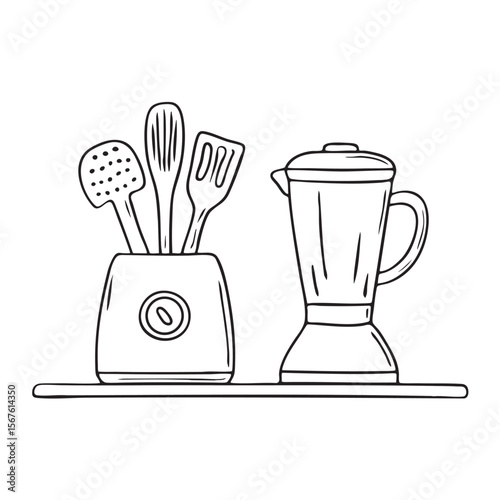 A plastic utensil caddy placed near an electric blender