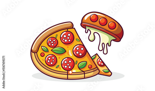 Delicious cartoon pepperoni pizza slice with dripping cheese and basil leaves