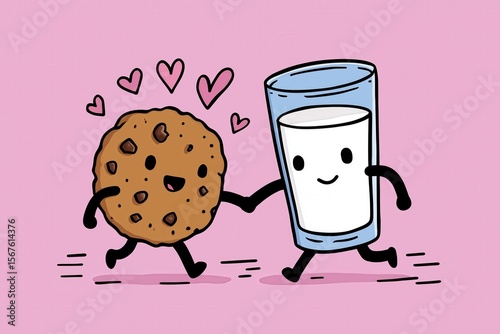 Cute cartoon cookie and milk glass holding hands with hearts on pink background