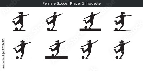 Collection of various dynamic silhouettes of a female soccer player in different action poses
