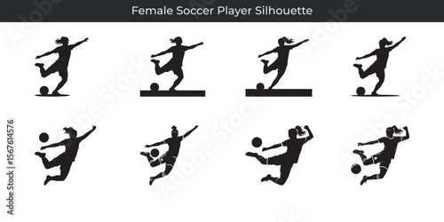 Collection of dynamic female soccer player silhouettes in action on a bright white background
