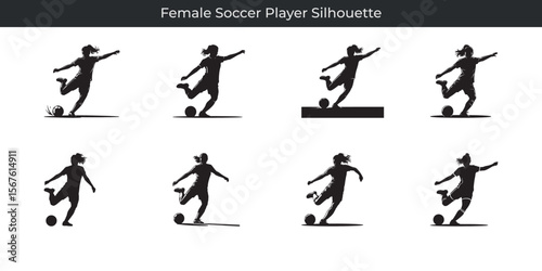 Dynamic black silhouette illustrations of a female soccer player in action kicking the ball