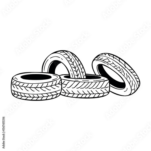 Illustration of four stacked car tires with detailed tread pattern. Vector hand-drawn doodle illustration