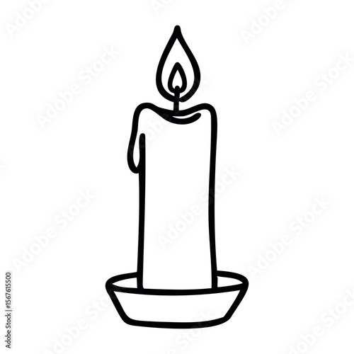 Simple line art candle illustration with melting wax in holder. Vector hand-drawn doodle illustration