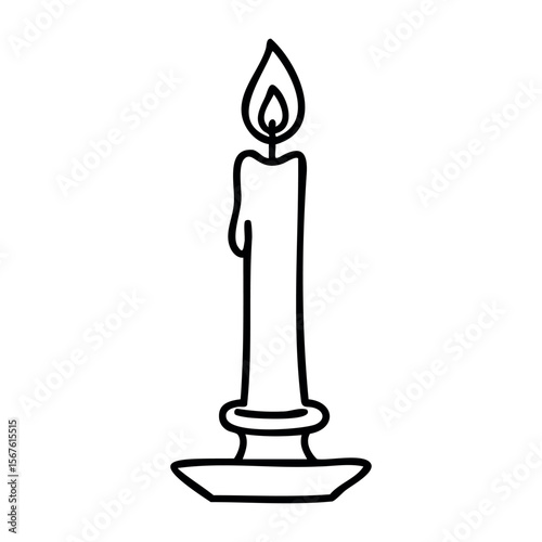 Simple line drawing of a burning candle on holder. Vector hand-drawn doodle illustration