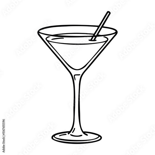 Outline drawing of a cocktail glass with straw. Vector hand-drawn doodle illustration
