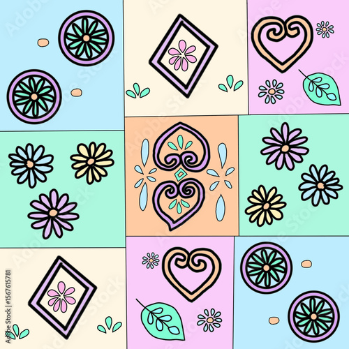 Seamless floral pattern,  Pastel colored patchwork pattern with flowers, hearts and geometric shapes, circles and diamonds in tones of pink, purple, mint green, blue, cream and peach.