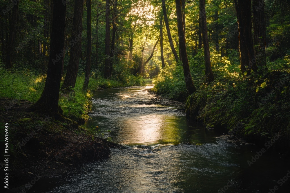 Fototapeta premium Peaceful stream in forest with gentle light