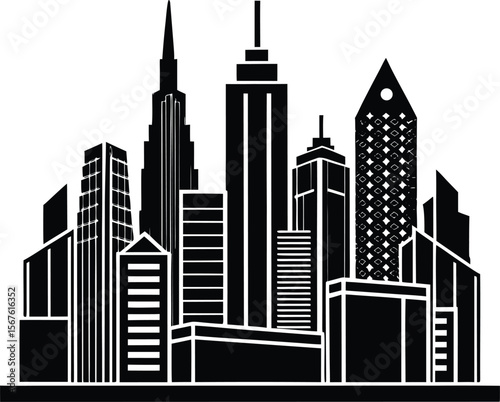 Vector art of city skyline with various skyscrapers isolated on white background