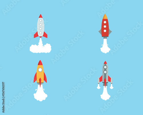 Rocket icon set. Upward launch space rocket with white smoke from turbines isolated on white background