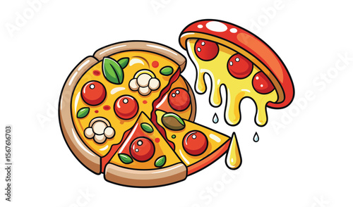 Delicious cartoon pizza with melted cheese and pepperoni slices on a white background