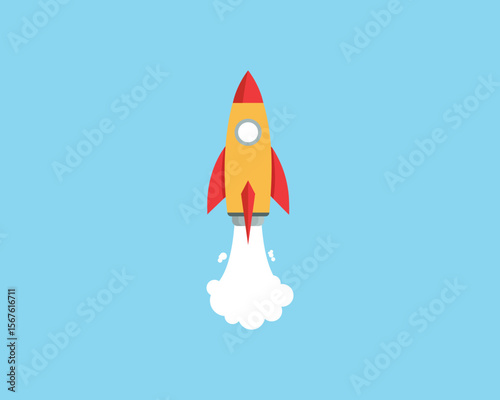Rocket icon. Upward launch space rocket with white smoke from turbines isolated on white background