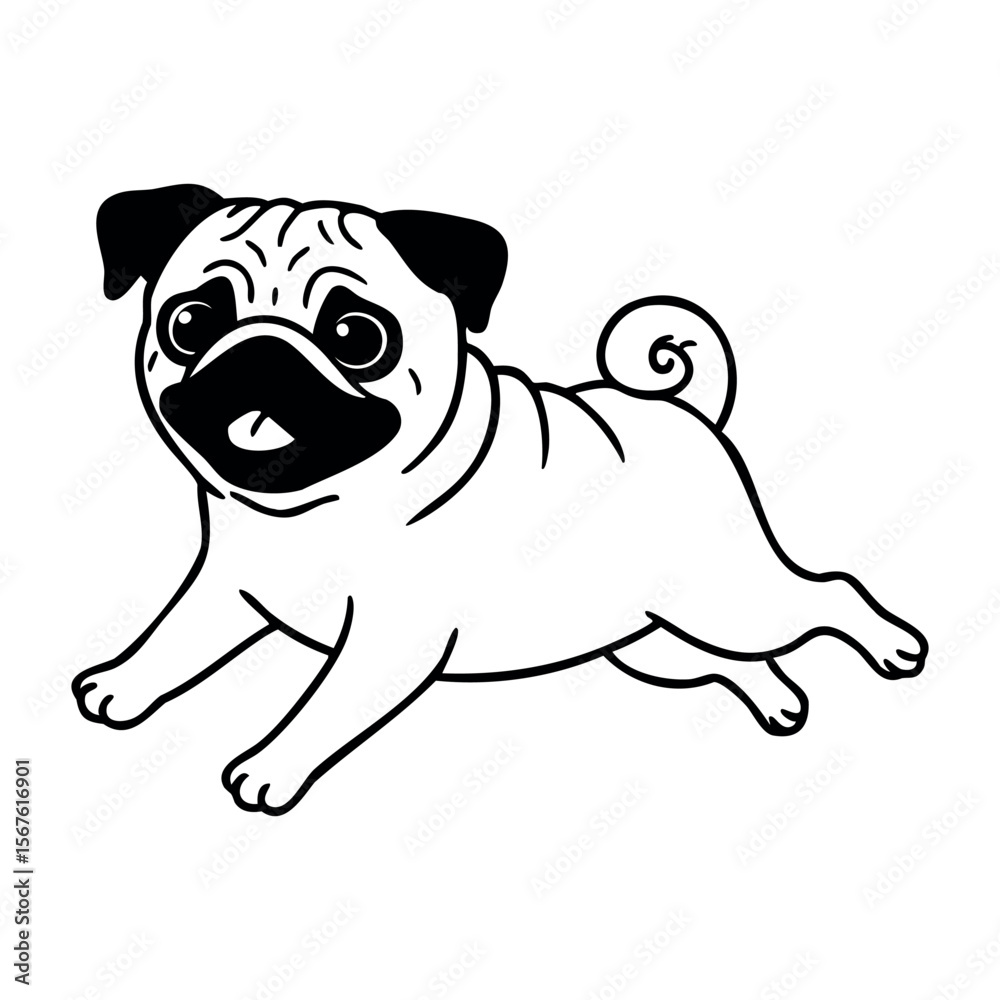 Fototapeta premium Outline of a playful pug dog in cartoon style. Vector hand-drawn doodle illustration