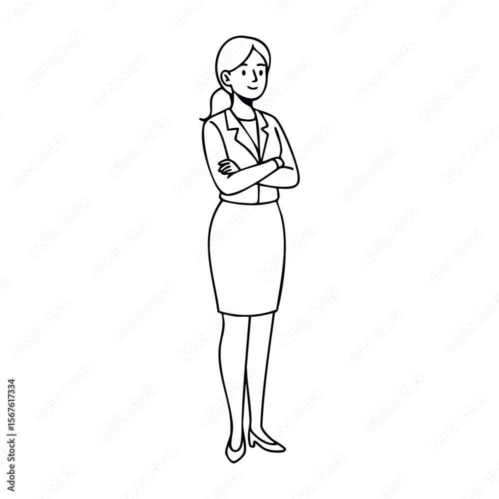 Business attire of young caucasian female professional standing with confidence. Vector hand-drawn doodle illustration Business attire of young caucasian female professional standing with confidence. Vector hand-drawn doodle illustration