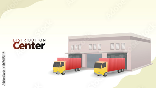 distribution center concept. trucks loading in front of production warehouese. supply chain management illustration vector illustration