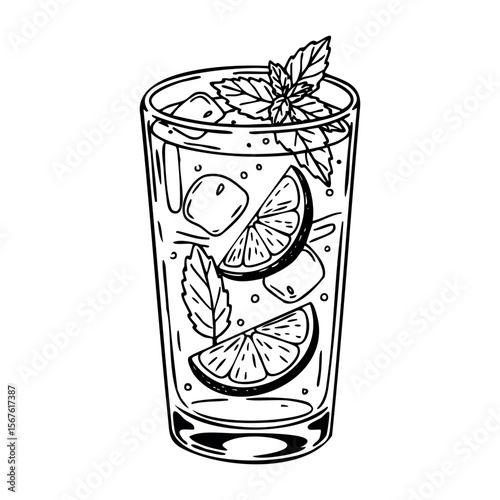 Refreshing mojito sketch with lime slices and mint leaves in a glass. Vector hand-drawn doodle illustration