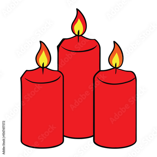 Three red burning candles flicker warmly, casting a cozy glow. Their steady flames create a peaceful, inviting atmosphere perfect for calm evenings or festive moments.
