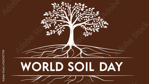 World Soil Day: Elegant White Tree and Roots Illustration on Deep Brown Background;  Minimalist Design, Environmental Theme, Sustainable Agriculture Concept.