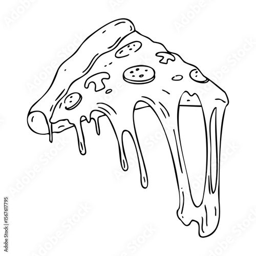 Cheesy pizza slice with mushrooms and pepperoni dripping with melted cheese. Vector hand-drawn doodle illustration