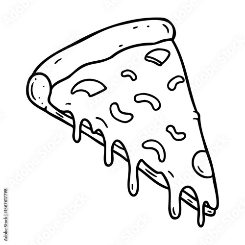 Slice of cheesy pizza with toppings in cartoon style. Vector hand-drawn doodle illustration