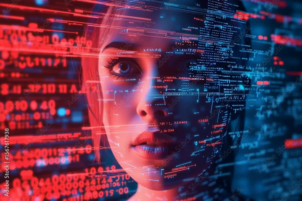 Un visage féminin qui surgit d'une interface virtuelle, fusionnant avec des lignes de code et des données numériques, symbolise l'intelligence artificielle et la technologie futuriste