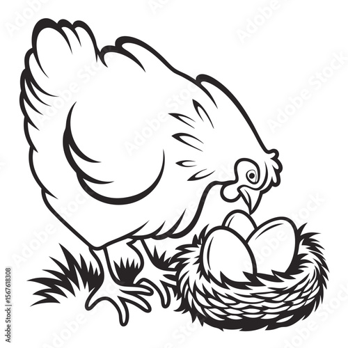 Hen Protecting Her Nest Eggs Outdoors	