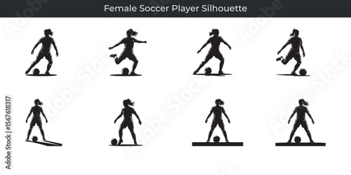 Collection of dynamic female soccer player silhouettes depicting action and football skills