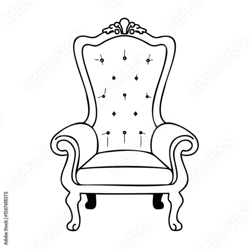 Elegant vintage armchair outline with ornate design and tufted backrest. Vector hand-drawn doodle illustration