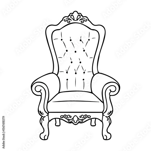 Elegant vintage armchair line art with ornate details and tufted upholstery. Vector hand-drawn doodle illustration