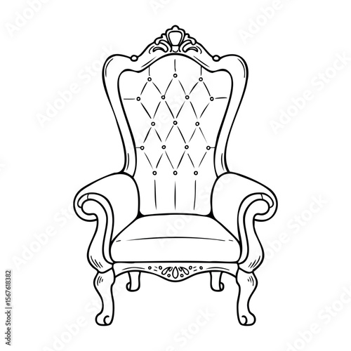 Elegant vintage armchair with tufted upholstery in outline style. Vector hand-drawn doodle illustration