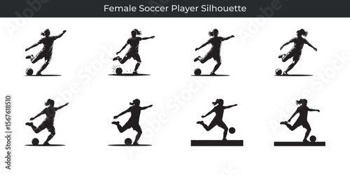 Dynamic silhouette collection of female soccer players kicking and dribbling the football
