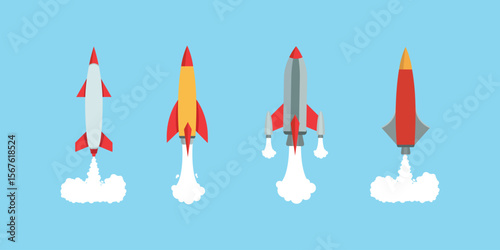 Set of military fighter aircraft missile rocket weapon. Different types of missiles. Missile launch, ballistic and cruise missile.