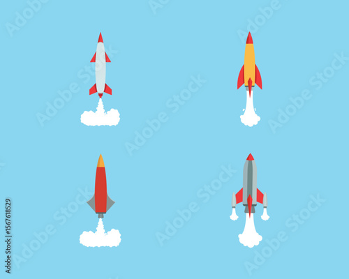 Set of military fighter aircraft missile rocket weapon. Different types of missiles. Missile launch, ballistic and cruise missile.