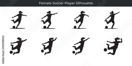 Dynamic silhouettes depicting a female soccer player in various action poses
