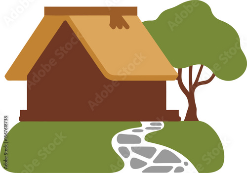 Charming Thatched Roof House Illustration Peaceful Rural Scene