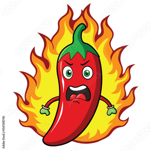 Spicy Chili Pepper Cartoon Character on Fire	