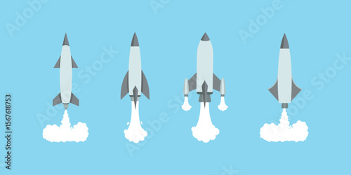 Set of military fighter aircraft missile rocket weapon. Different types of missiles. Missile launch, ballistic and cruise missile.