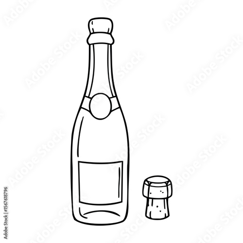 Hand-drawn champagne bottle with cork illustration in black and white. Vector hand-drawn doodle illustration