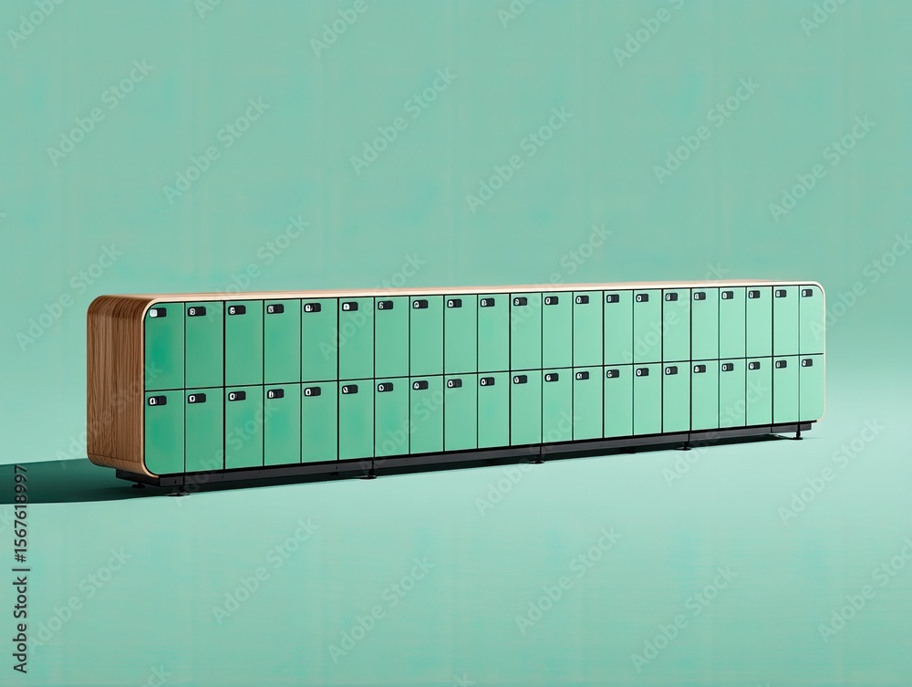 Long row of teal lockers with light-brown top, modern design Long row of teal lockers with light-brown top, modern design