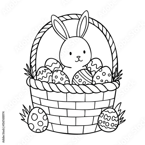 Cute bunny in easter basket with decorated eggs for coloring. Vector hand-drawn doodle illustration