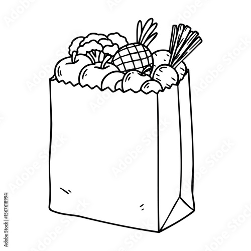 Paper bag filled with fresh variety of vegetables in line art style. Vector hand-drawn doodle illustration