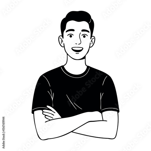 Young asian male with arms crossed in black t-shirt illustration. Vector hand-drawn doodle illustration