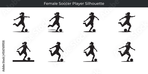 Dynamic black silhouette illustrations of female soccer players kicking and controlling the ball