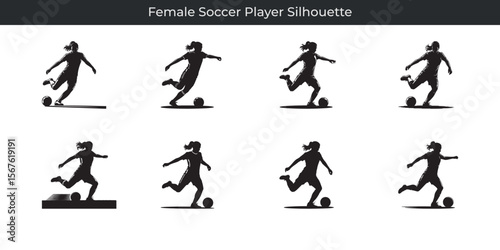 Dynamic silhouettes representing female soccer players kicking balls on a white background