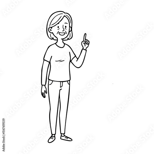 Cartoon caucasian elderly female with short hair pointing upward. Vector hand-drawn doodle illustration
