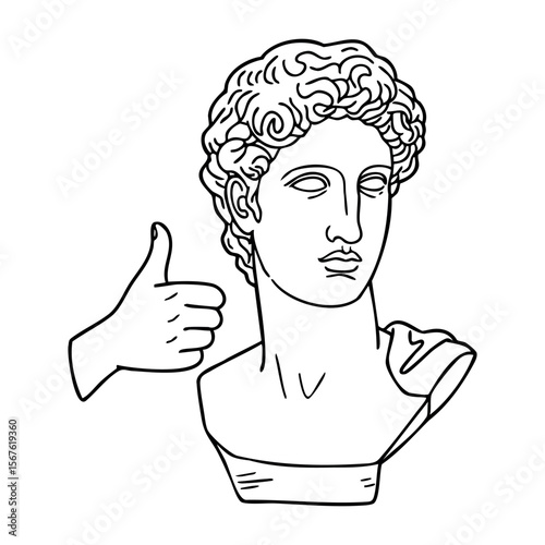 Classical statue bust with thumbs up gesture highlighting approval and positivity. Vector hand-drawn doodle illustration